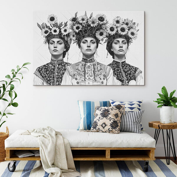 Gruppe von Frauen mit Blumen auf dem Kopf Gruppe von Frauen mit Blumen auf dem Kopf