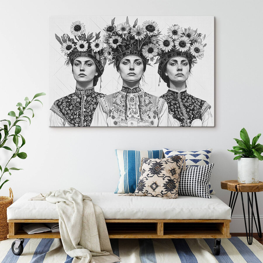 Gruppe von Frauen mit Blumen auf dem Kopf Gruppe von Frauen mit Blumen auf dem Kopf