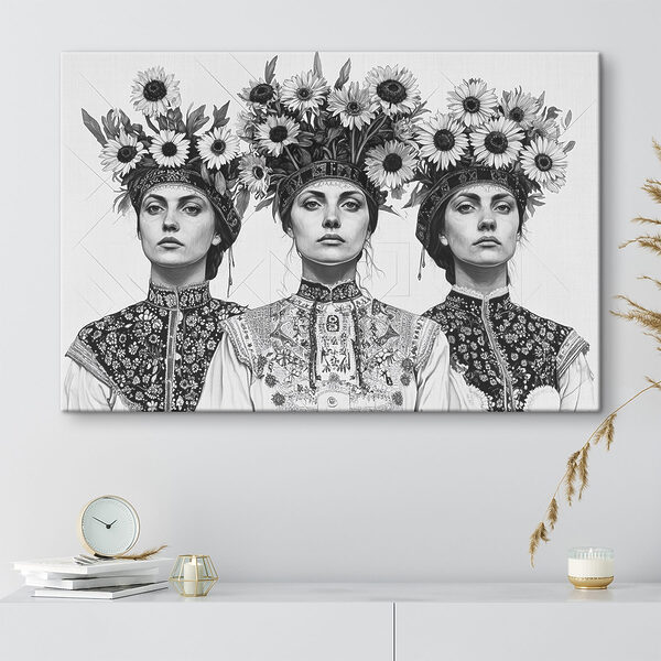 Gruppe von Frauen mit Blumen auf dem Kopf Gruppe von Frauen mit Blumen auf dem Kopf