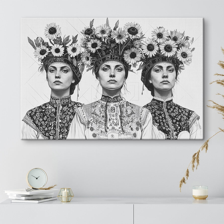 Gruppe von Frauen mit Blumen auf dem Kopf Gruppe von Frauen mit Blumen auf dem Kopf