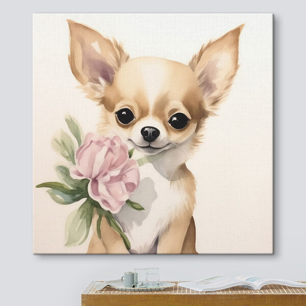 Gemälde eines Hundes, der eine Blume hält Gemälde eines Hundes, der eine Blume hält