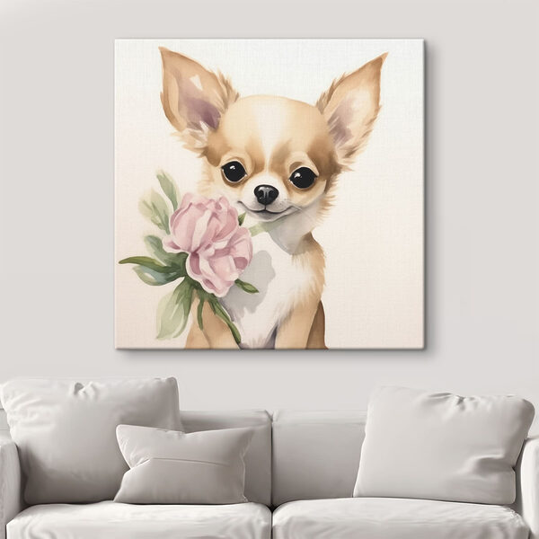 Gemälde eines Hundes, der eine Blume hält Gemälde eines Hundes, der eine Blume hält