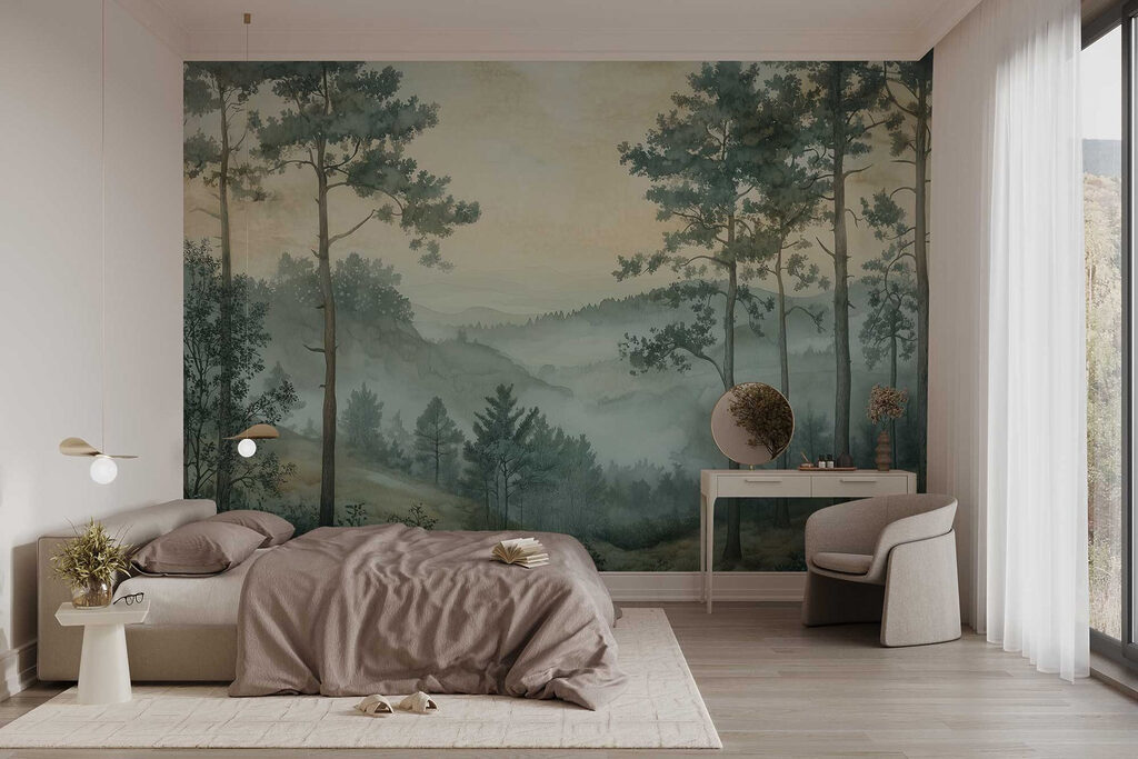Painting of a forest with fog Painting of a forest with fog
