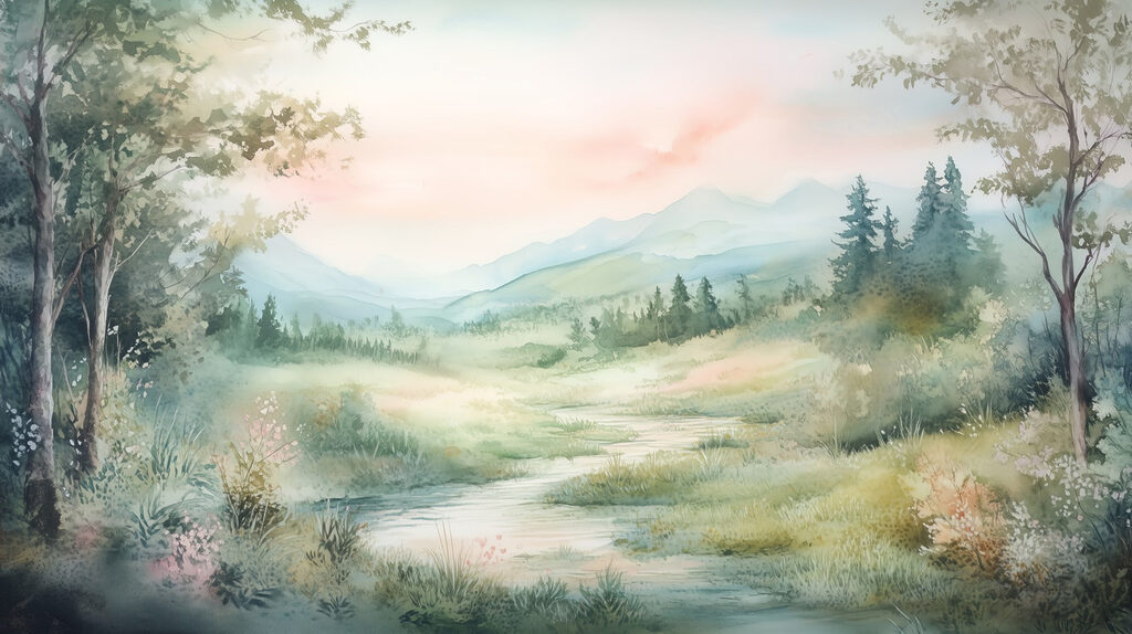 Aquarell eines Flusses, der durch ein Tal fließt Aquarell eines Flusses, der durch ein Tal fließt