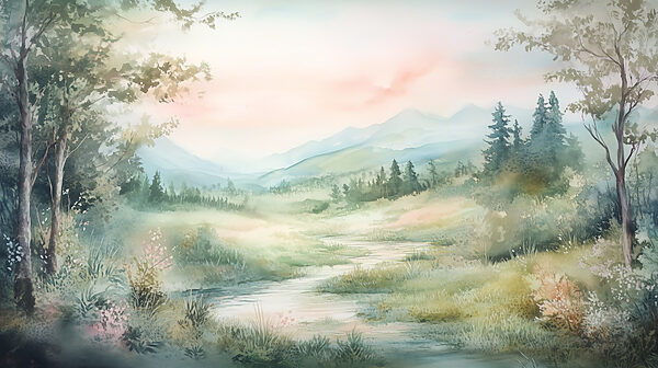 Aquarell eines Flusses, der durch ein Tal fließt Aquarell eines Flusses, der durch ein Tal fließt