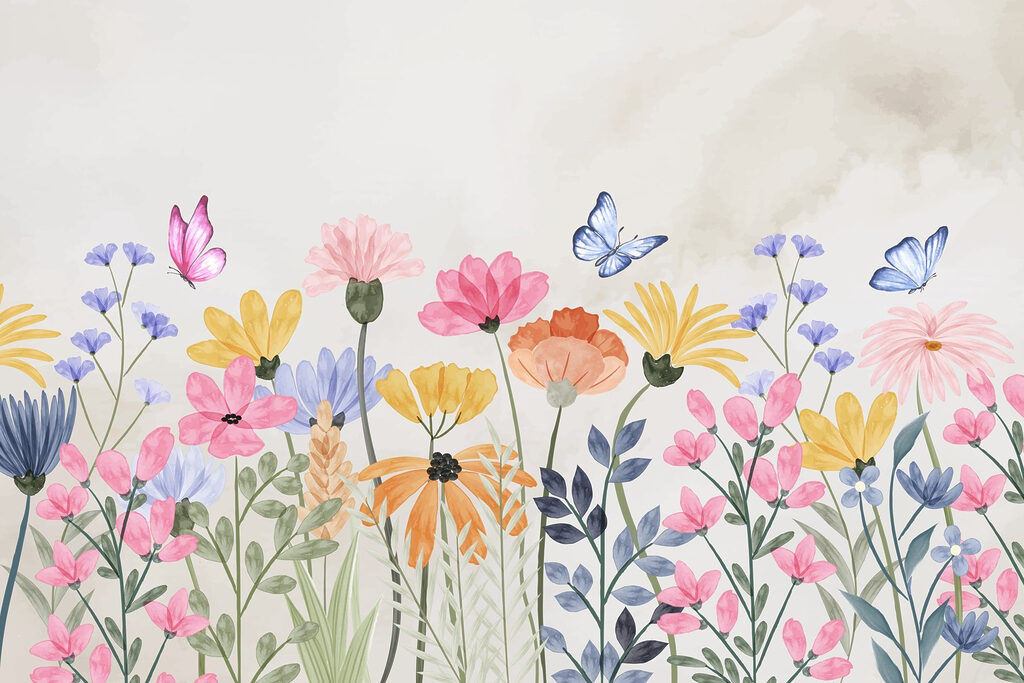 Malerei von Blumen und Schmetterlingen Malerei von Blumen und Schmetterlingen