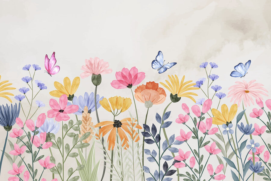 Malerei von Blumen und Schmetterlingen