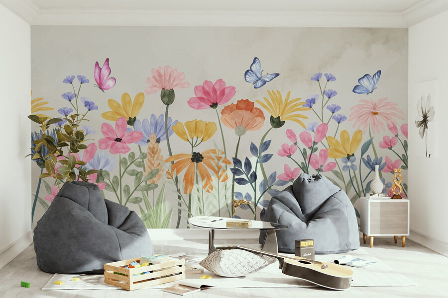 Malerei von Blumen und Schmetterlingen