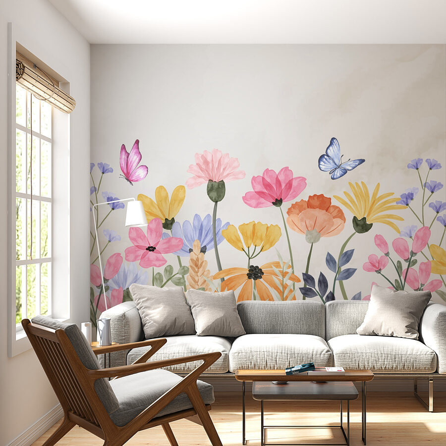 Malerei von Blumen und Schmetterlingen