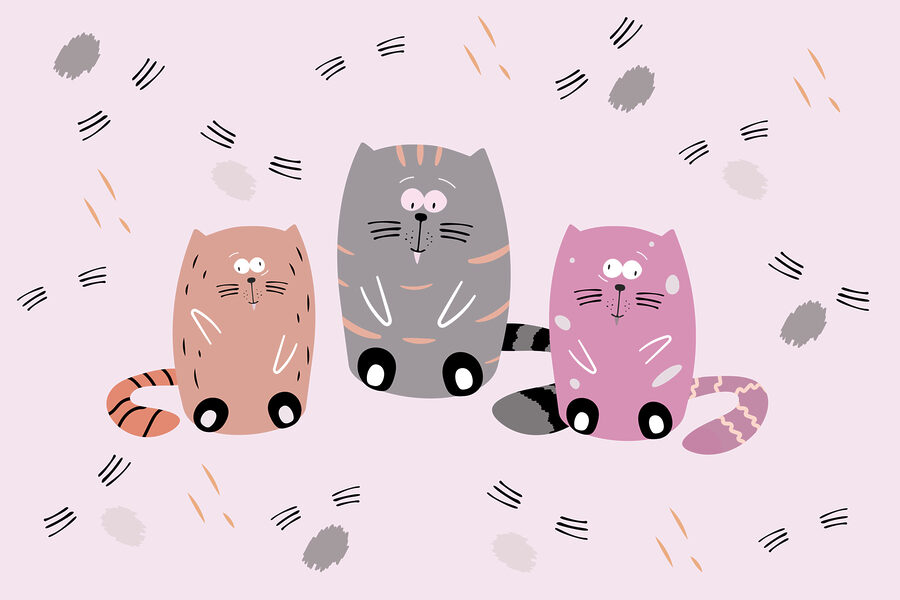 Gruppe von Katzen, die auf einer rosa Fläche sitzen