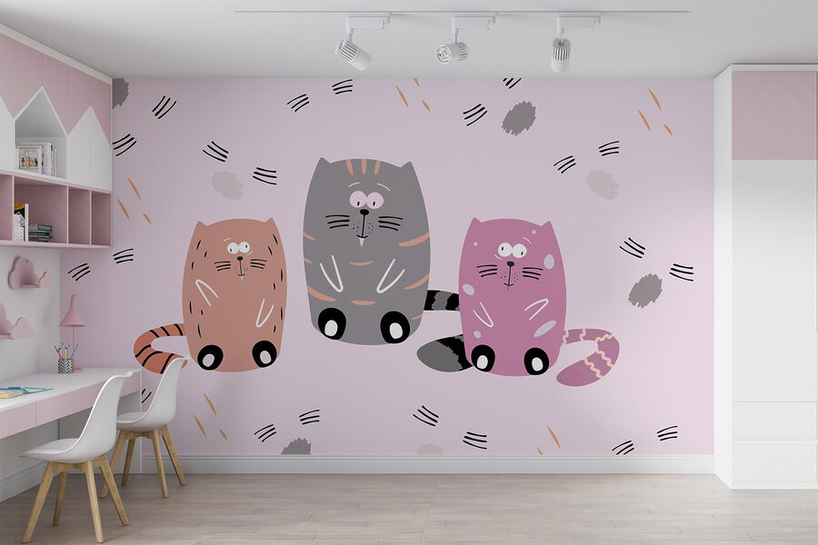Gruppe von Katzen, die auf einer rosa Fläche sitzen