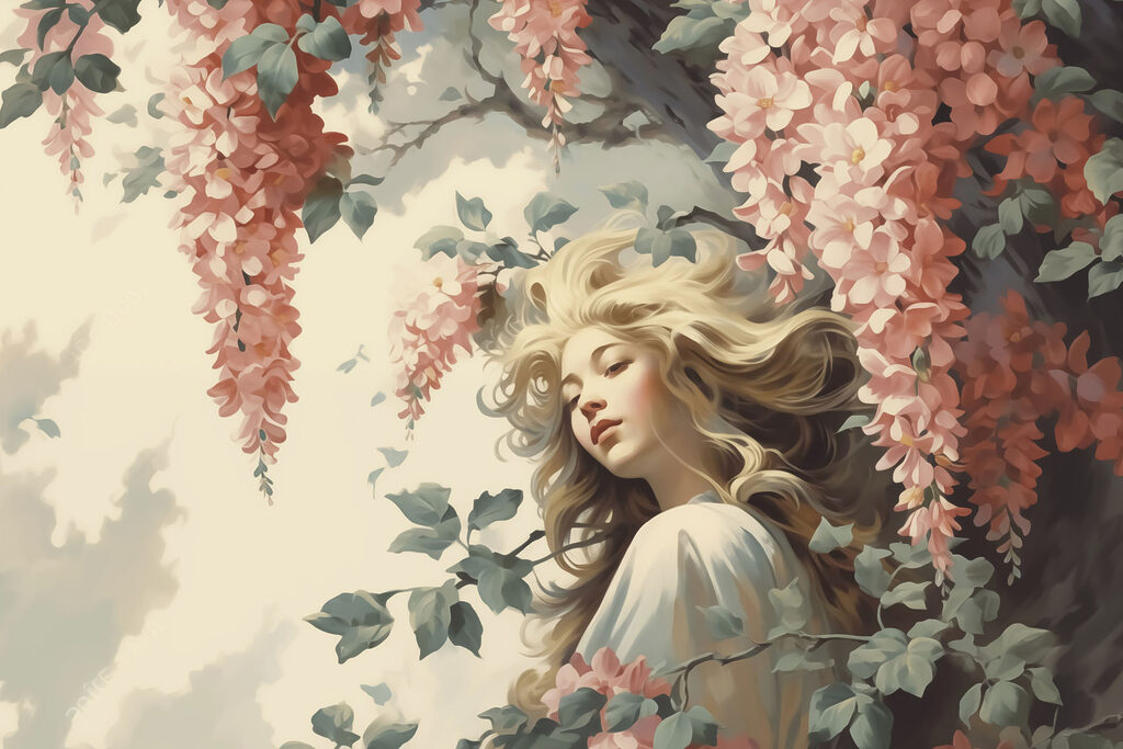 Frau in einem Baum mit Blumen Frau in einem Baum mit Blumen
