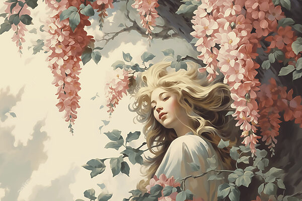 Frau in einem Baum mit Blumen Frau in einem Baum mit Blumen