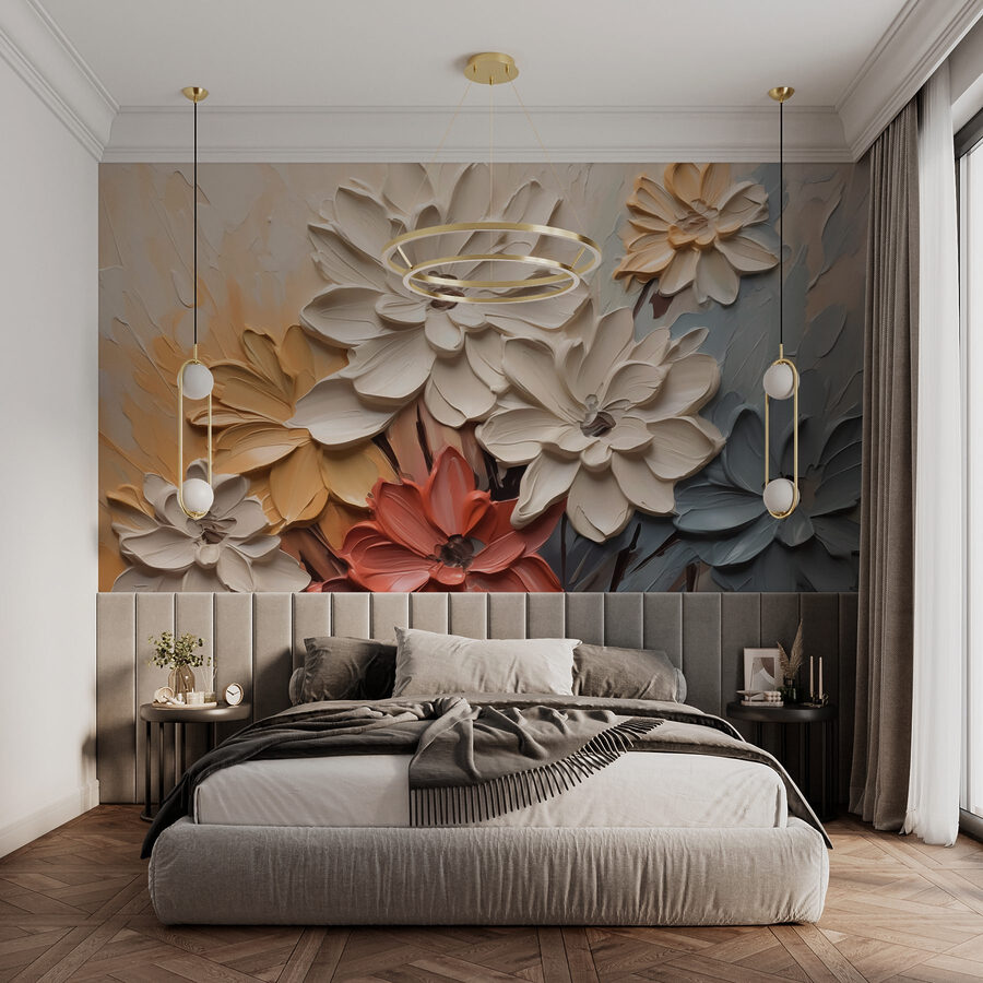 Gemälde mit Blumen an einer Wand Gemälde mit Blumen an einer Wand