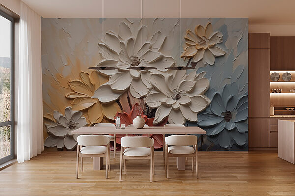 Gemälde mit Blumen an einer Wand Gemälde mit Blumen an einer Wand