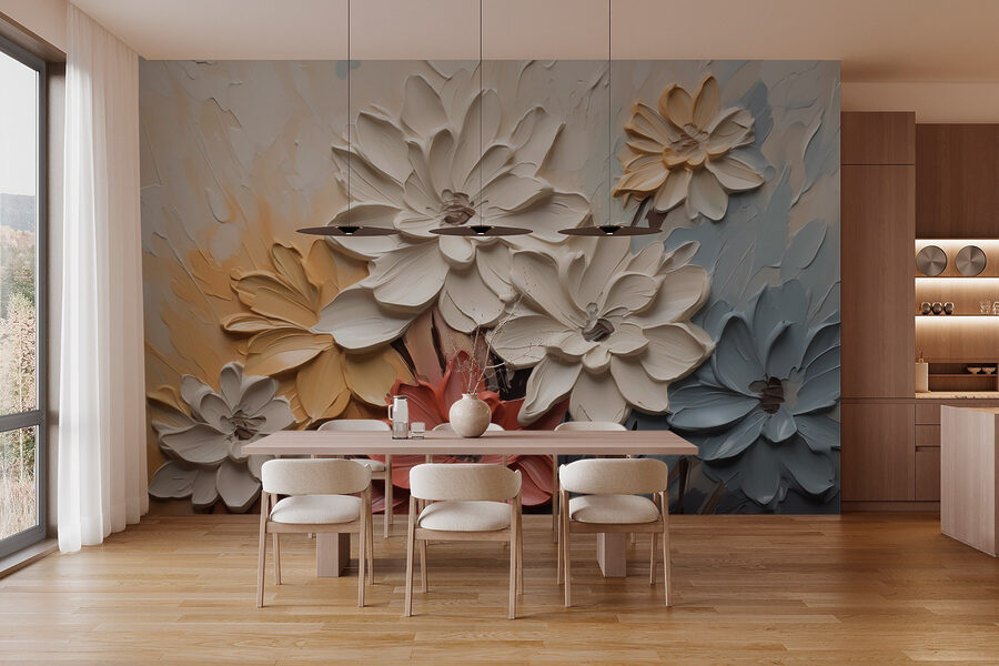 Gemälde mit Blumen an einer Wand Gemälde mit Blumen an einer Wand