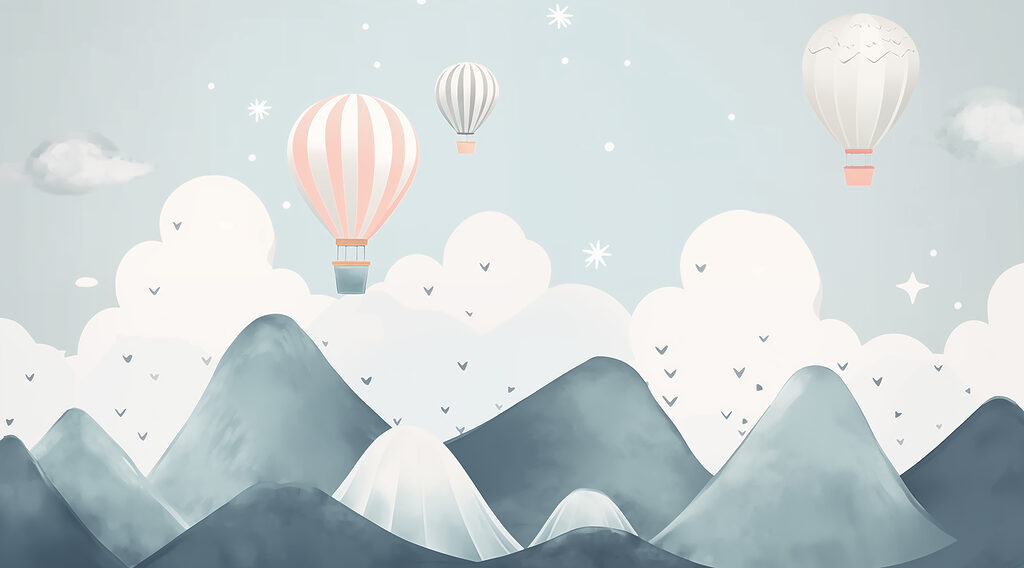 Heißluftballons fliegen über Berge Heißluftballons fliegen über Berge