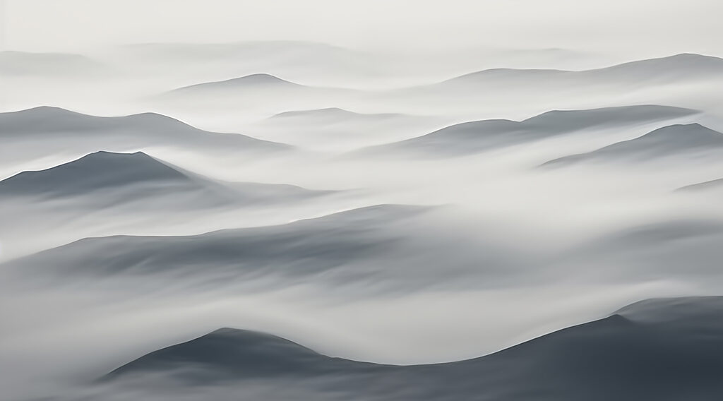 Neblige Landschaft mit Hügeln Neblige Landschaft mit Hügeln