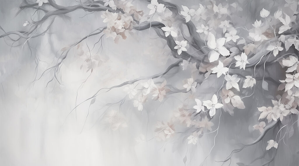 Gemälde eines Baumes mit weißen Blumen Gemälde eines Baumes mit weißen Blumen