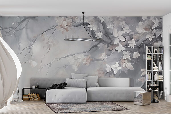 Gemälde eines Baumes mit weißen Blumen Gemälde eines Baumes mit weißen Blumen