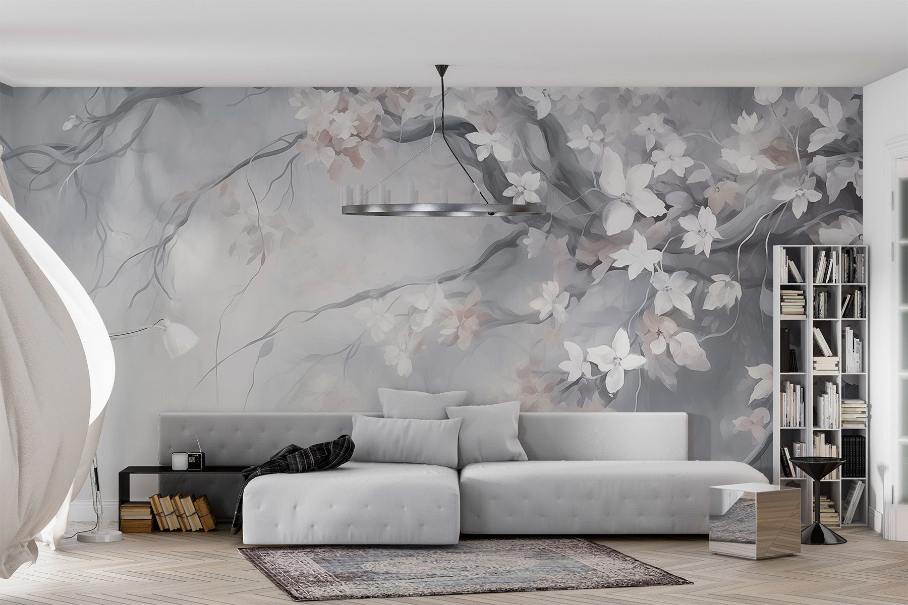 Painting of a tree with white flowers