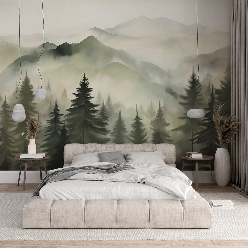 Foggy mountain range with trees