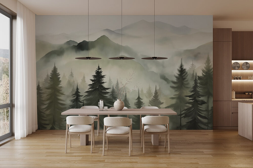 Foggy mountain range with trees
