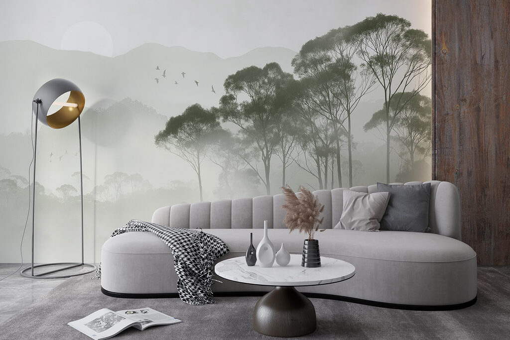 Birds flying over trees