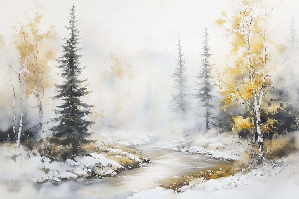 Aquarellmalerei eines Flusses mit Bäumen und Schnee Aquarellmalerei eines Flusses mit Bäumen und Schnee