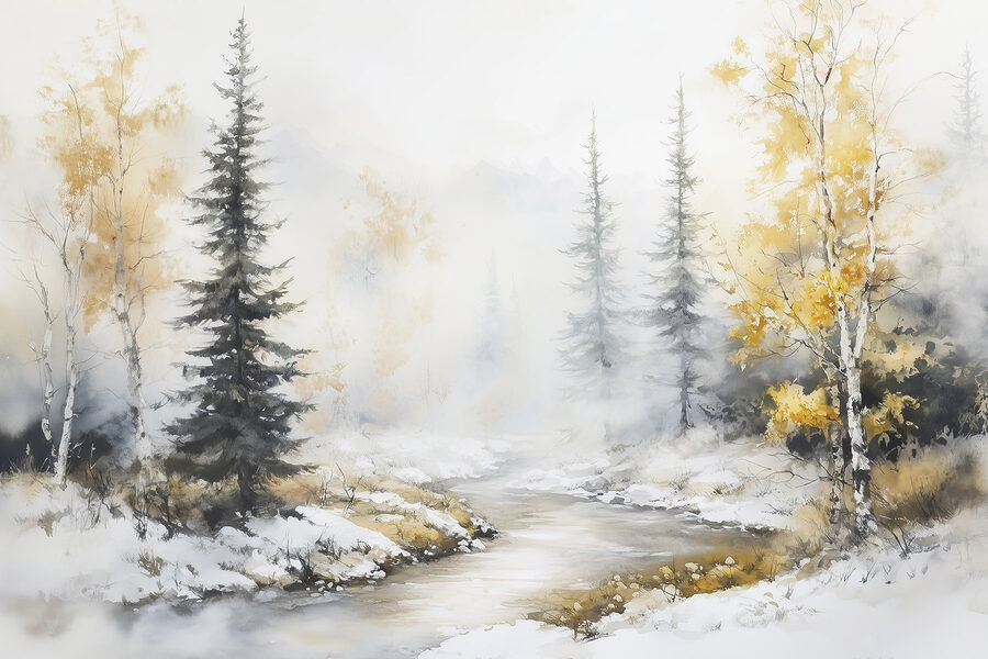 Aquarellmalerei eines Flusses mit Bäumen und Schnee