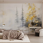 Fototapeten Aquarellmalerei eines Flusses mit Bäumen und Schnee