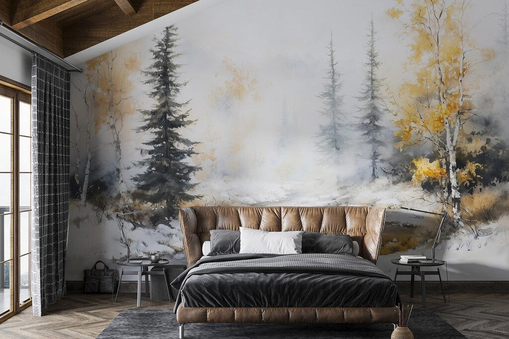 Watercolor painting of a river with trees and snow