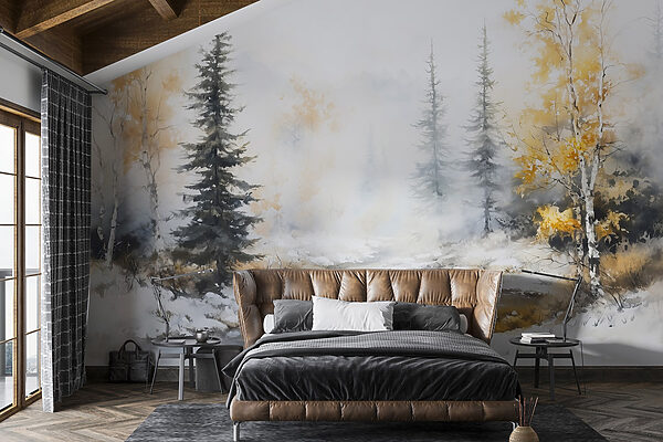 Aquarellmalerei eines Flusses mit Bäumen und Schnee Aquarellmalerei eines Flusses mit Bäumen und Schnee