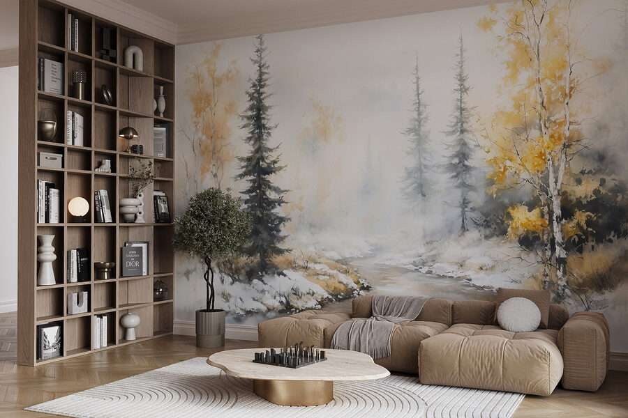 Aquarellmalerei eines Flusses mit Bäumen und Schnee