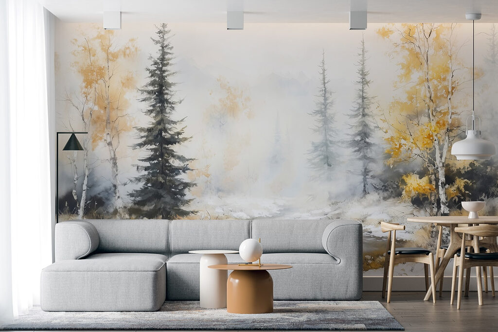 Watercolor painting of a river with trees and snow