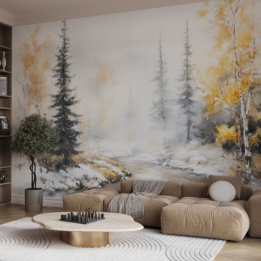 Aquarellmalerei eines Flusses mit Bäumen und Schnee