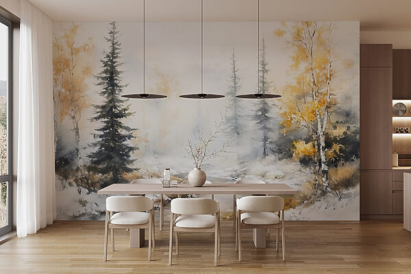Aquarellmalerei eines Flusses mit Bäumen und Schnee Aquarellmalerei eines Flusses mit Bäumen und Schnee