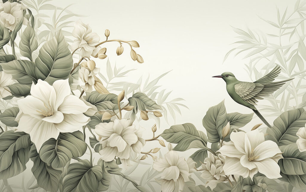 Vogel auf einem Zweig mit Blumen Vogel auf einem Zweig mit Blumen