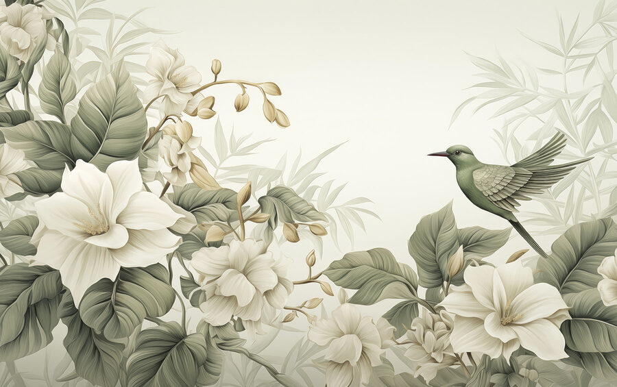 Vogel auf einem Zweig mit Blumen Vogel auf einem Zweig mit Blumen