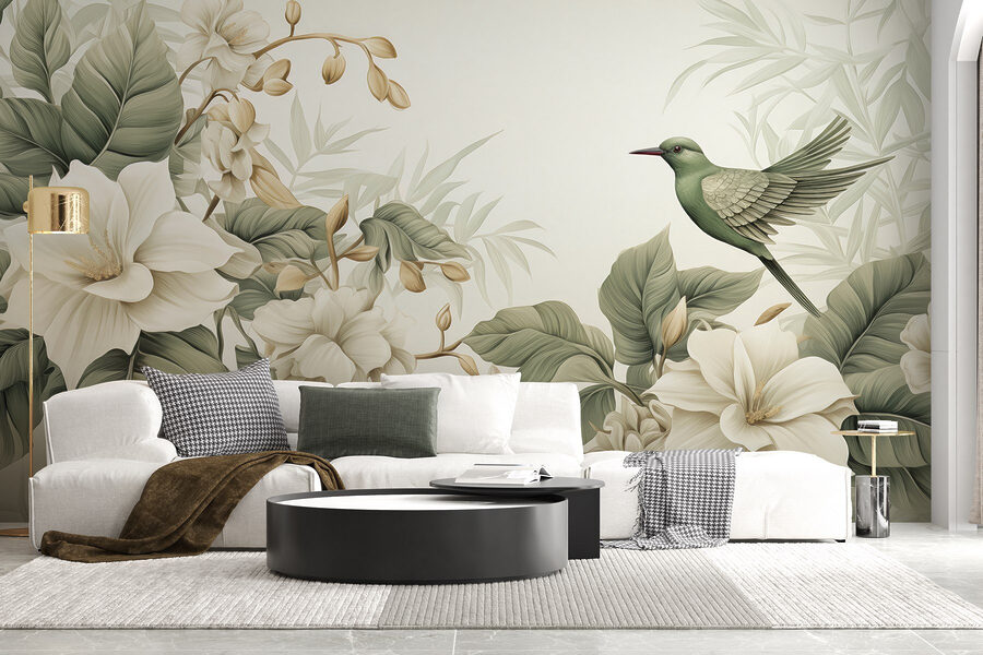 Vogel auf einem Zweig mit Blumen Vogel auf einem Zweig mit Blumen