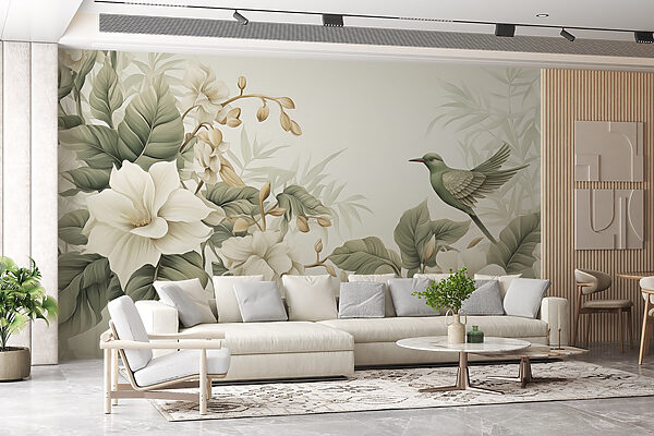 Vogel auf einem Zweig mit Blumen Vogel auf einem Zweig mit Blumen