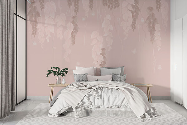 Rosa und weißer Hintergrund mit Blättern und Schmetterlingen Rosa und weißer Hintergrund mit Blättern und Schmetterlingen