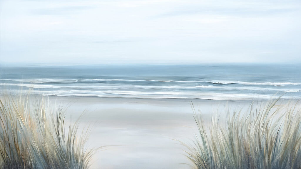 Strand mit Gras und Wellen Strand mit Gras und Wellen