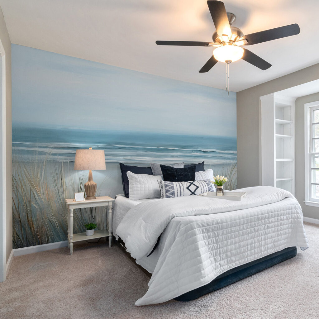 Beach with grass and waves