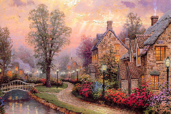 Gemälde eines Hauses mit Blumen und einem Weg Gemälde eines Hauses mit Blumen und einem Weg