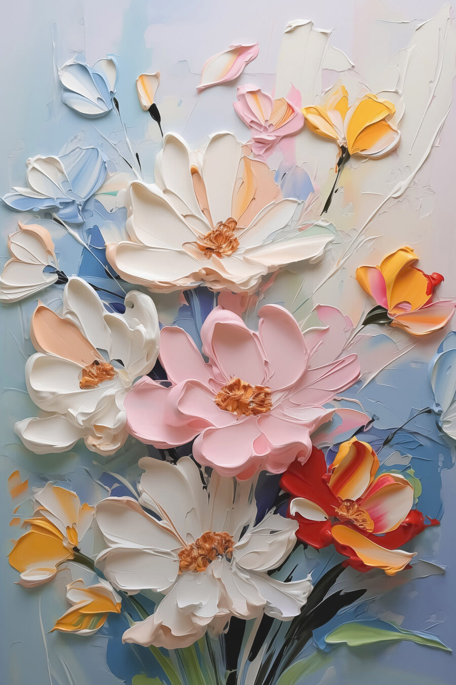 Gemälde mit Blumen an einer Wand Gemälde mit Blumen an einer Wand