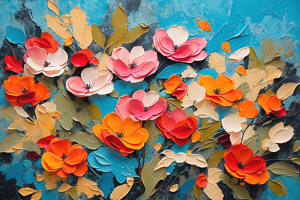 Malerei von Blumen auf einer blauen Fläche Malerei von Blumen auf einer blauen Fläche
