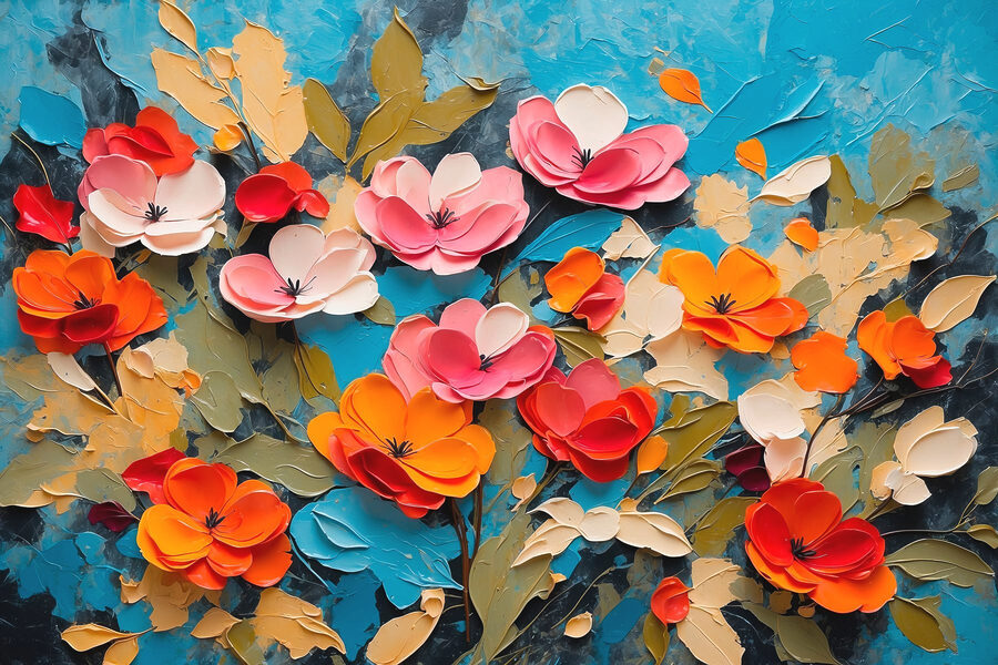 Malerei von Blumen auf einer blauen Fläche Malerei von Blumen auf einer blauen Fläche