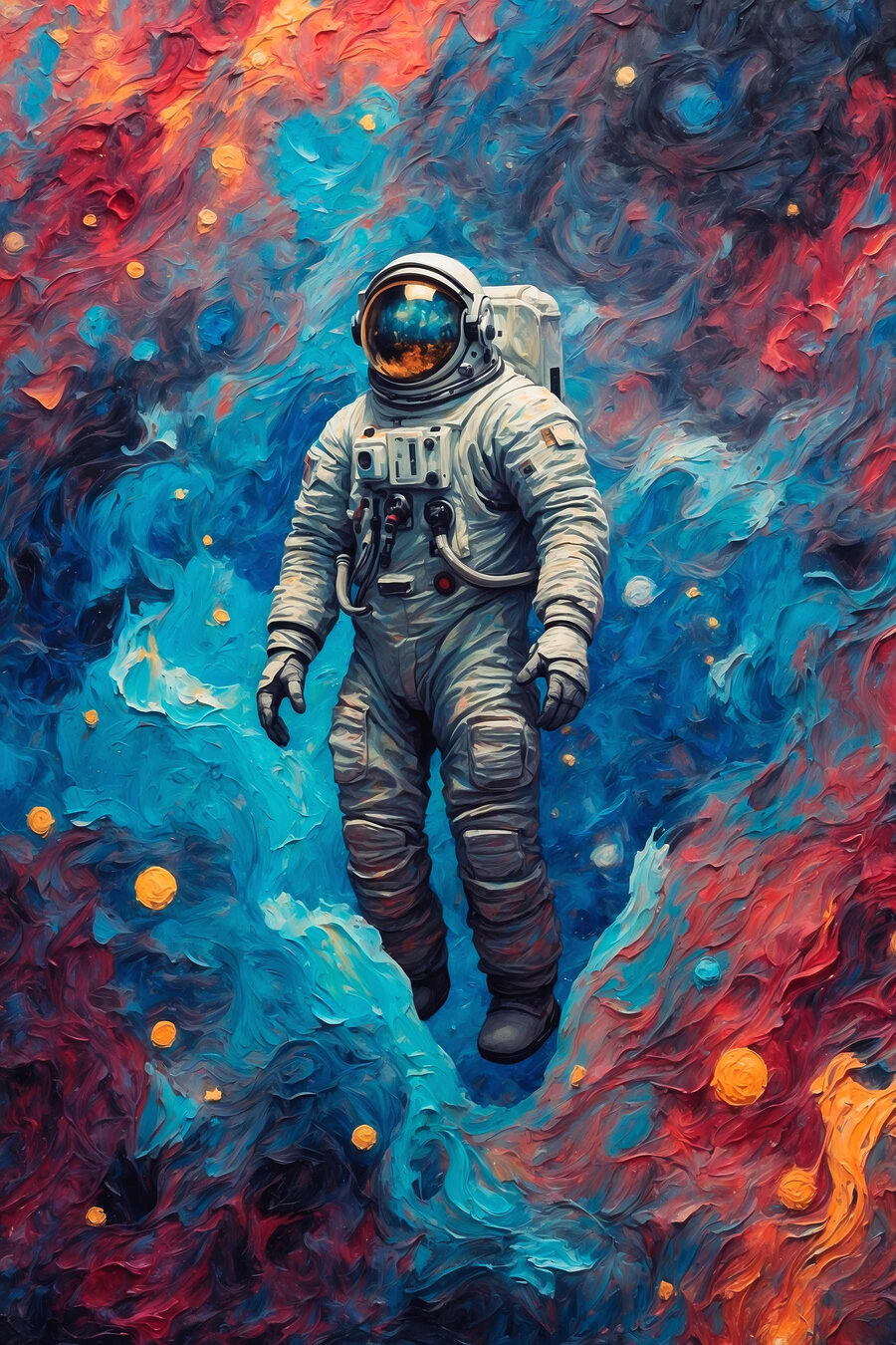 Ein Astronaut im Weltraum mit buntem Hintergrund