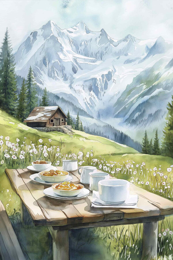 Tisch mit Tellern und Tassen auf dem Tisch mit Bergen im Hintergrund Tisch mit Tellern und Tassen auf dem Tisch mit Bergen im Hintergrund
